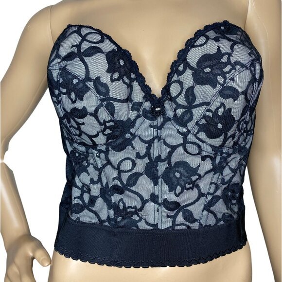 Vintage Black Lace Strapless Bustier With Floral Mesh Design & Underwire 36D - Picture 1 of 8
